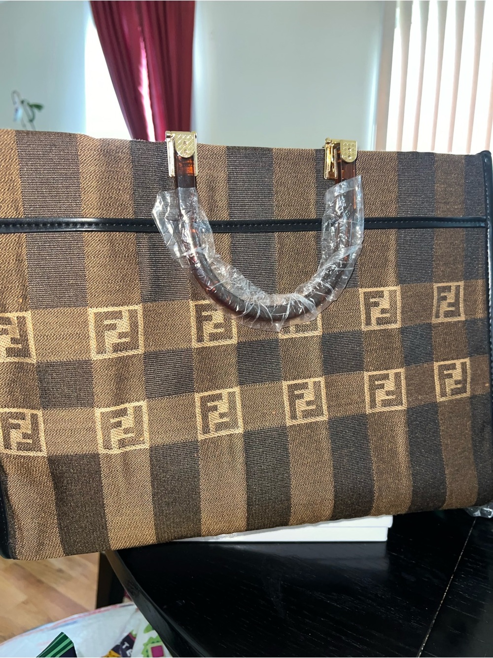 Brown Checkered Tote Bag with Logo Accent